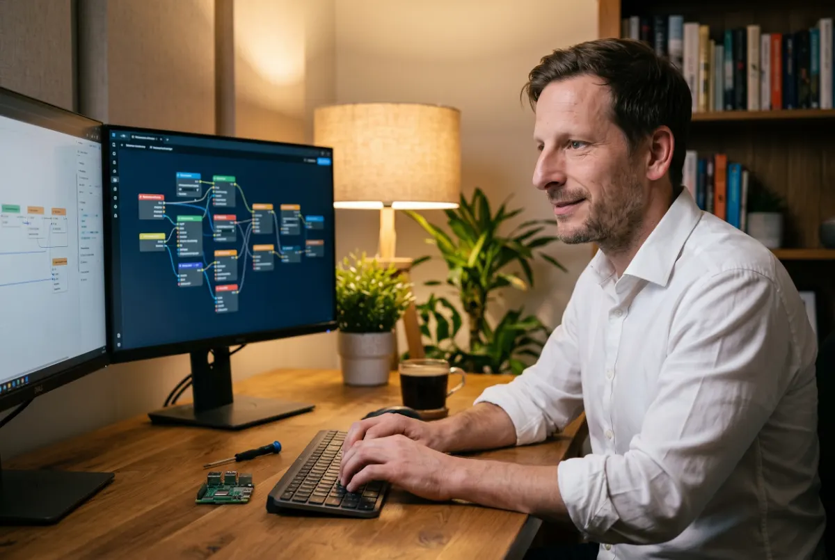 Daniel Andrews at his desk building an automation across two screens