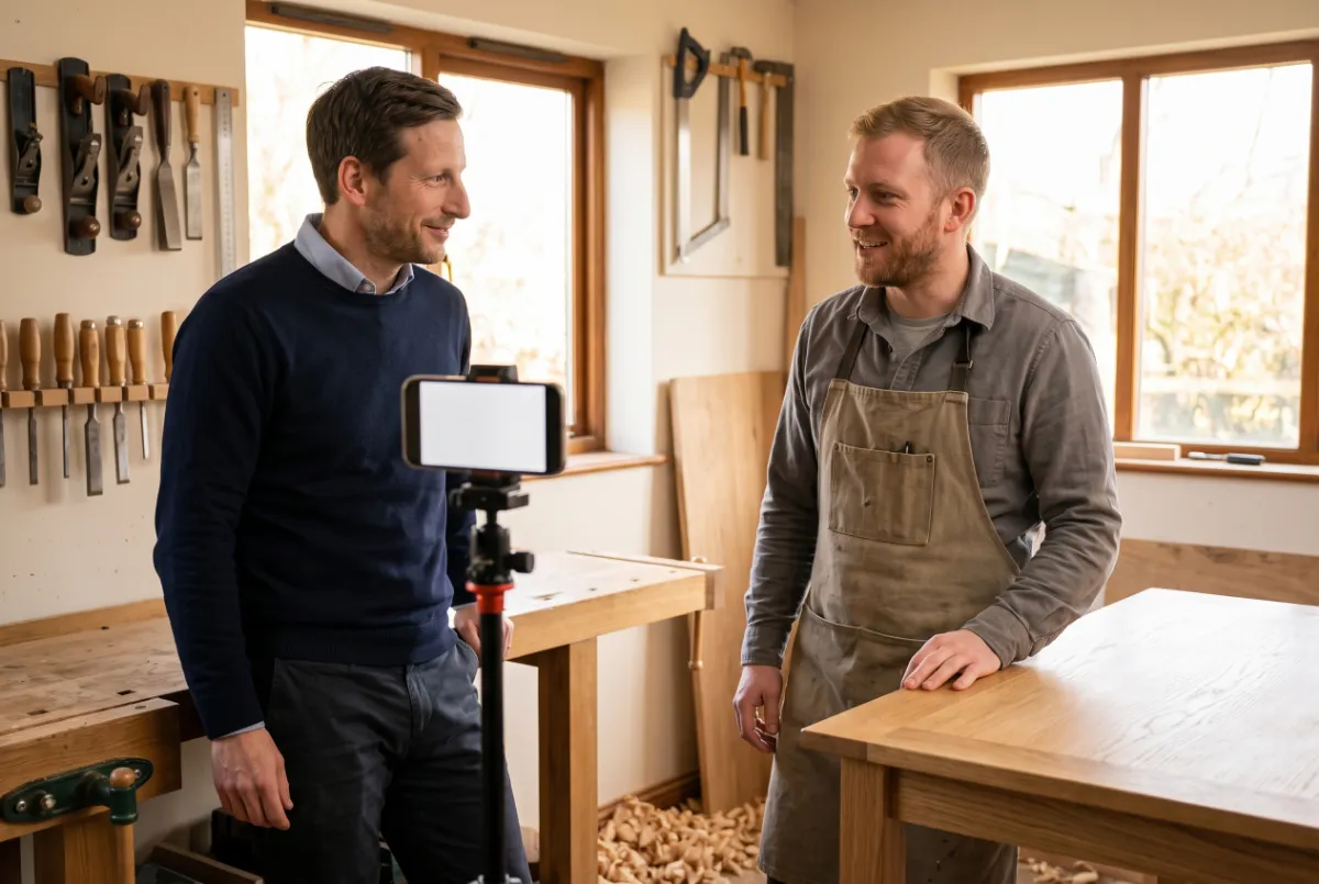 Daniel Andrews helping a carpenter set up a phone on a tripod to film a short video in his workshop