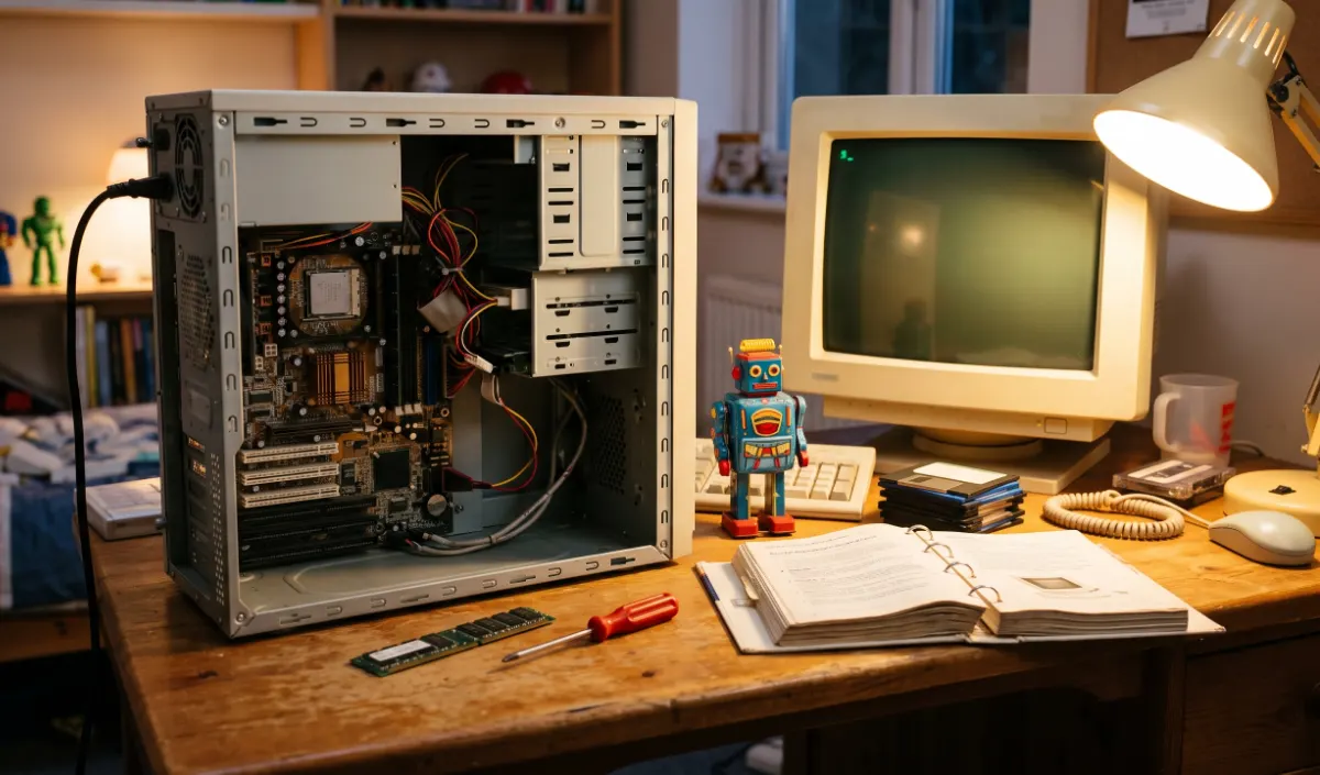 An early-1990s computer with its case open on a child's bedroom desk