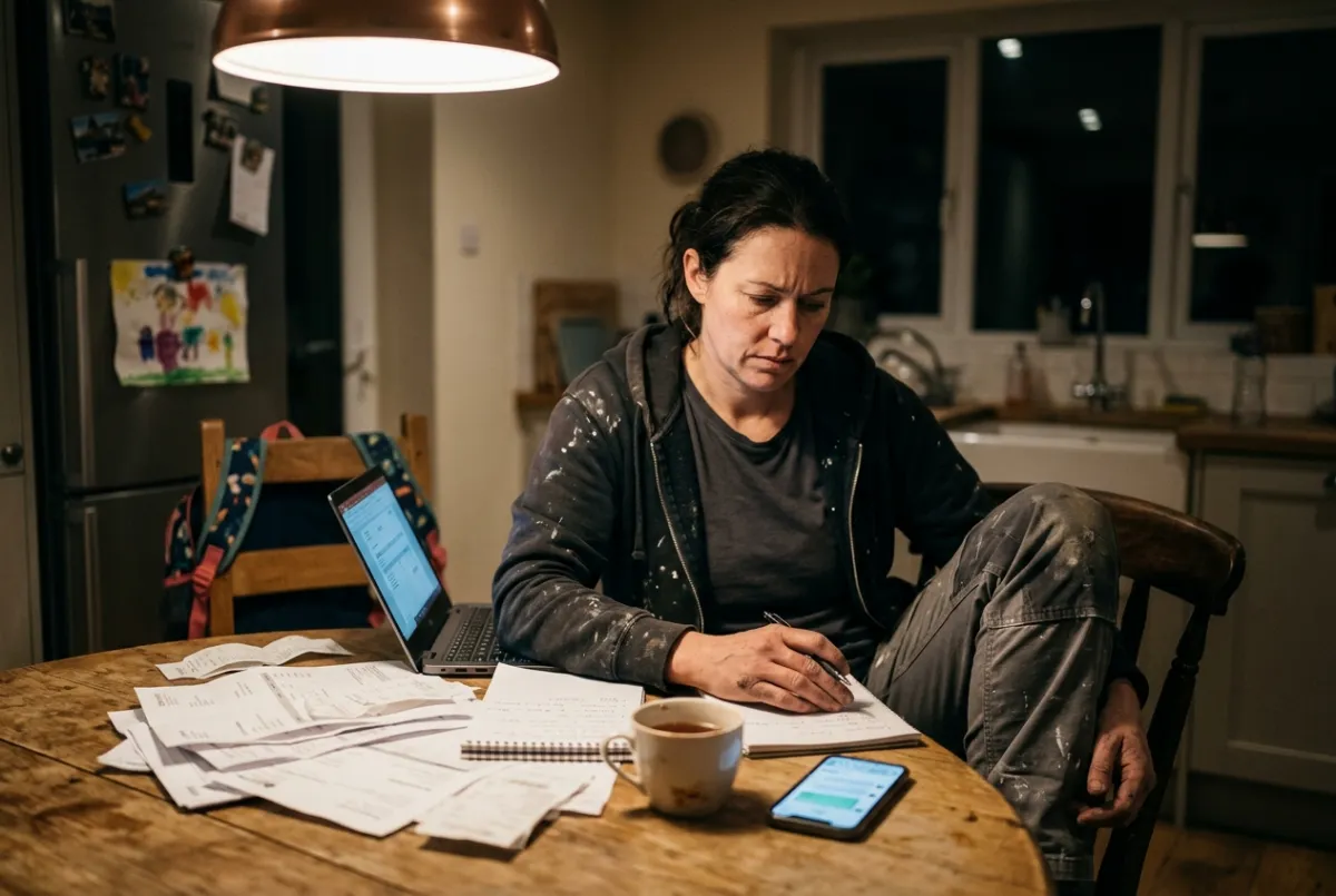 A self-employed decorator still in work clothes, doing paperwork at the kitchen table late at night