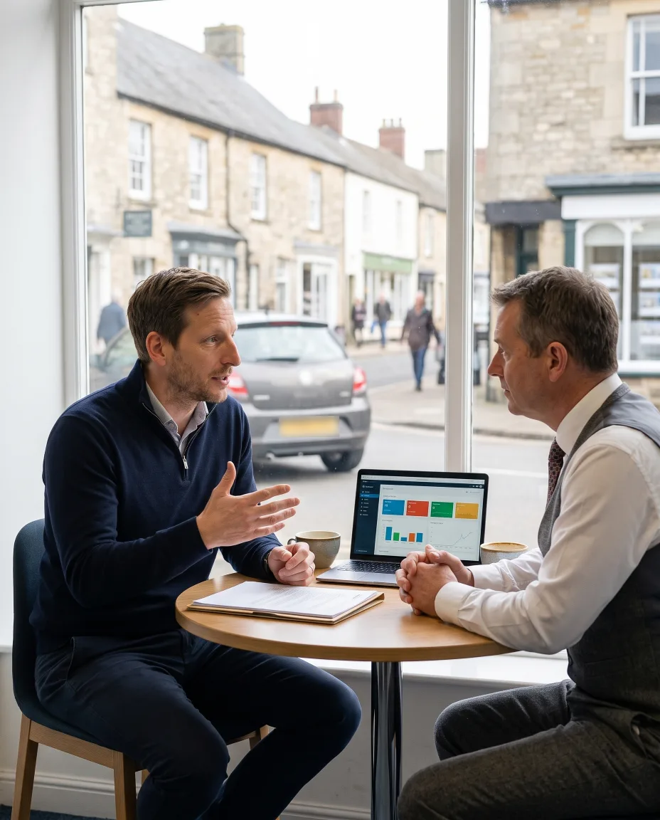 Daniel Andrews talking through a simple dashboard with the owner of a small advice firm, in an office overlooking a market town street