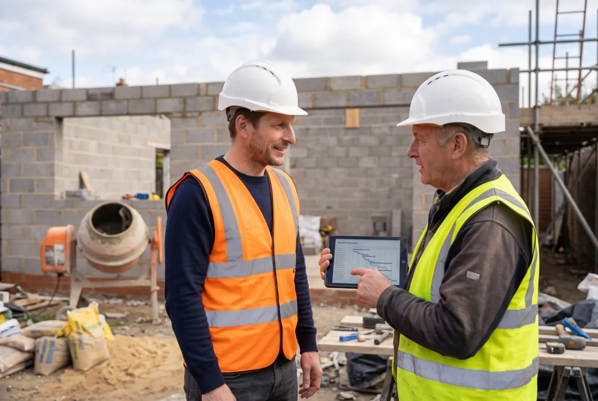 Daniel Andrews and a builder in hard hats and hi-vis, looking at a job schedule on a tablet on an extension site