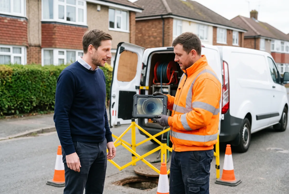 Daniel Andrews looking at a drain camera image on a tablet with a drainage engineer beside his van