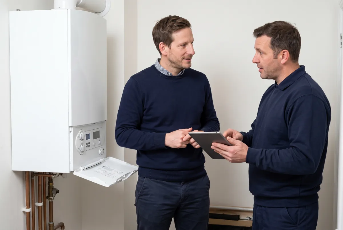 Daniel Andrews talking through a form on a tablet with a heating engineer beside a wall-mounted boiler