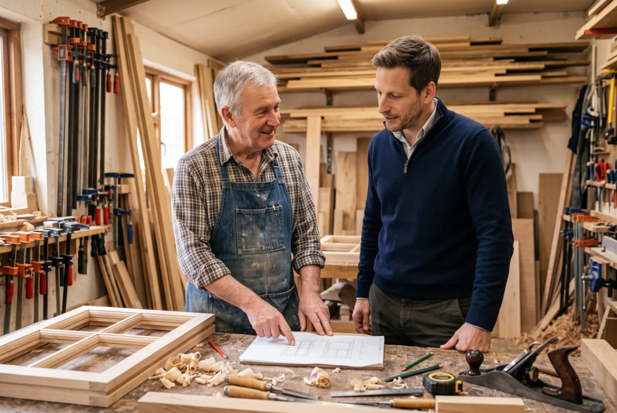 Daniel Andrews looking at a measured drawing with a carpenter beside a half-made sash window in a joinery workshop