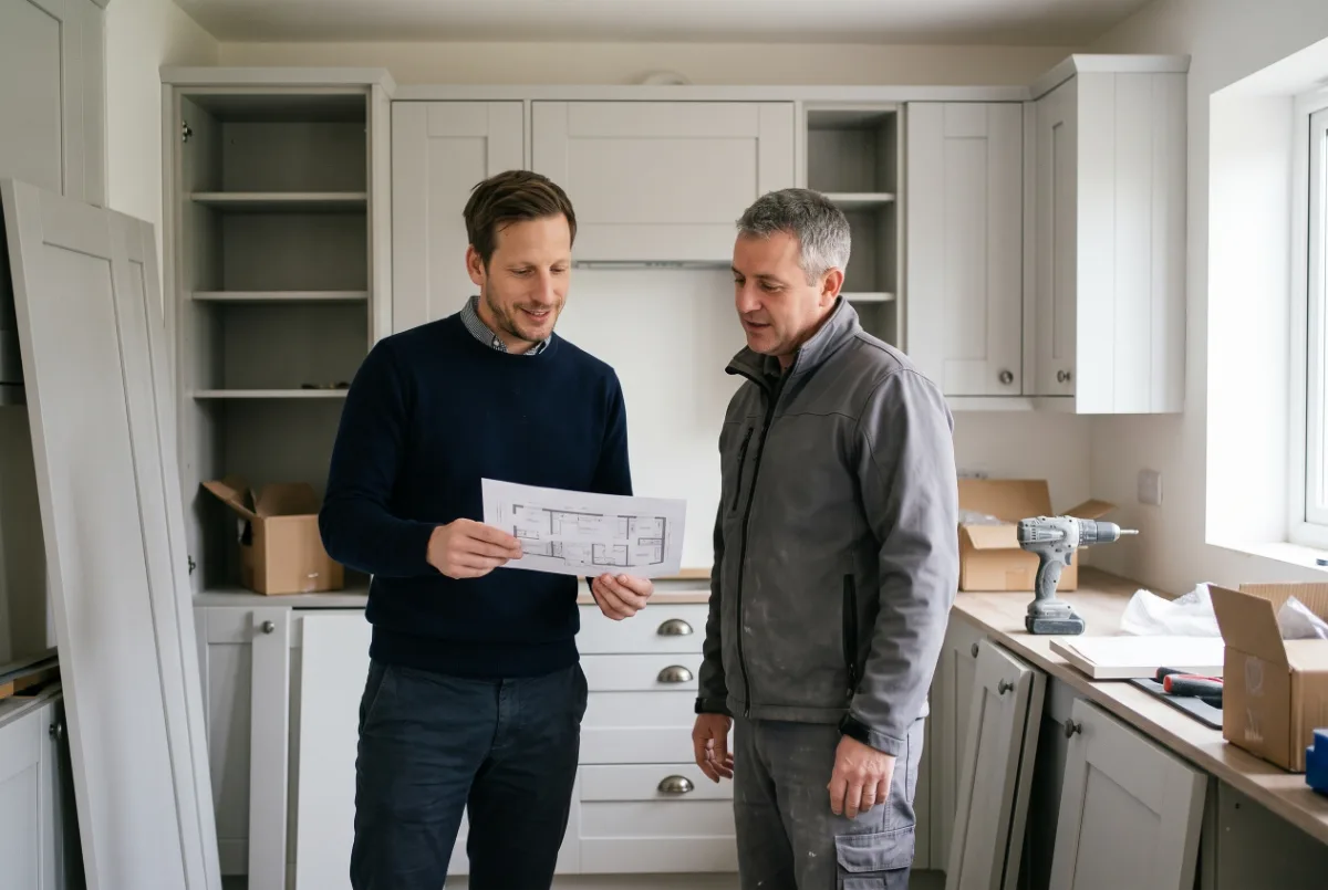 Daniel Andrews looking at a kitchen plan with a kitchen fitter in a kitchen that is being installed