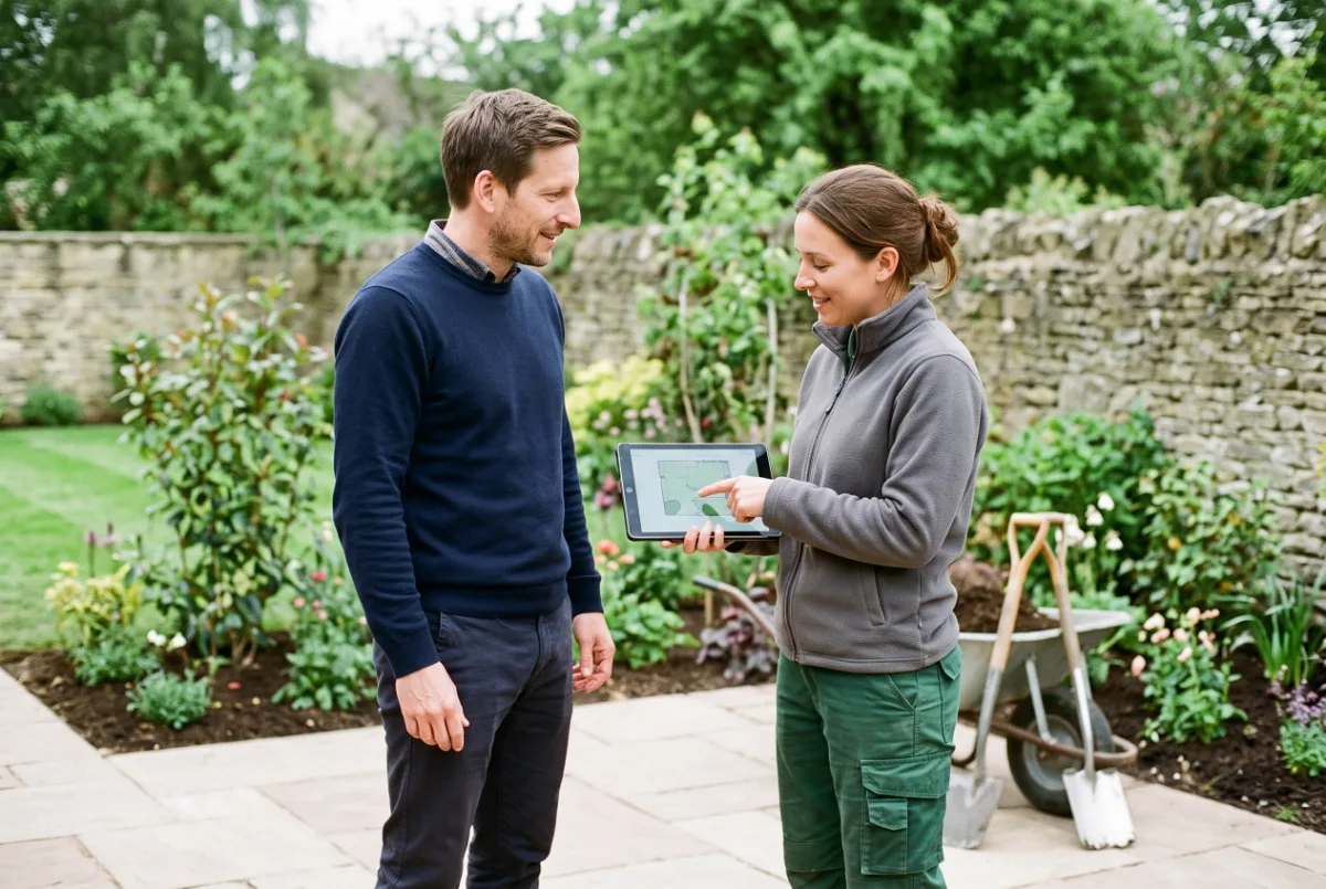 Daniel Andrews looking at a garden plan on a tablet with a landscape gardener beside a newly laid patio