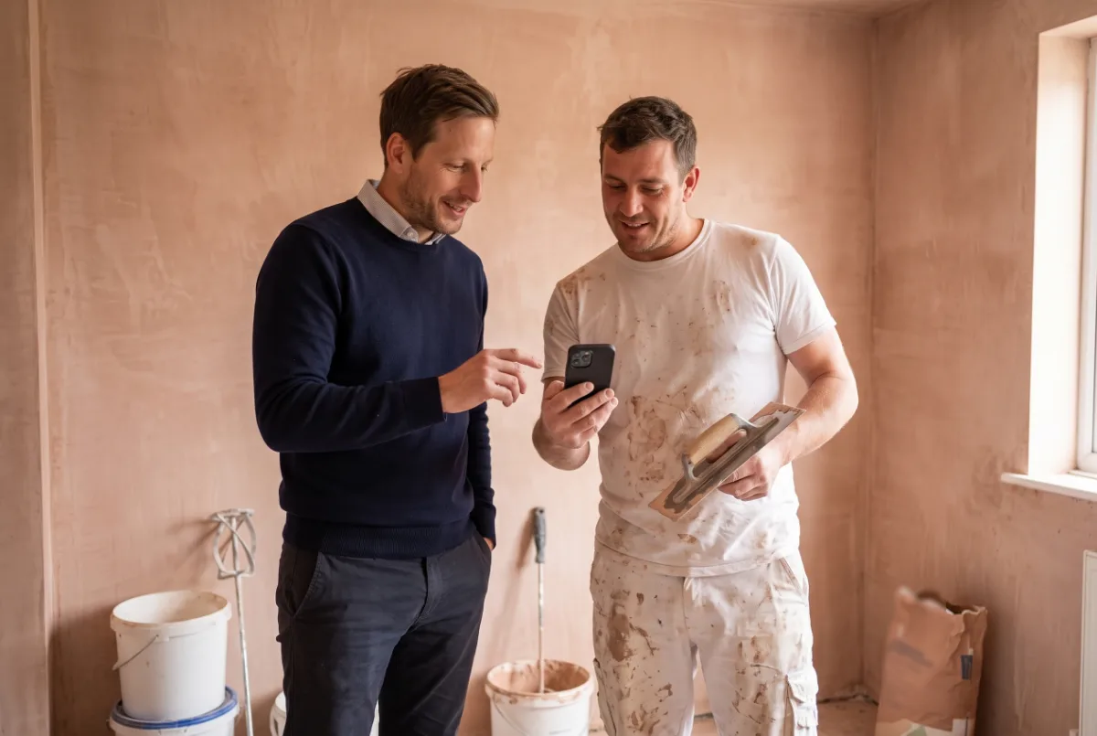 Daniel Andrews looking at a phone with a plasterer in a room with freshly skimmed walls