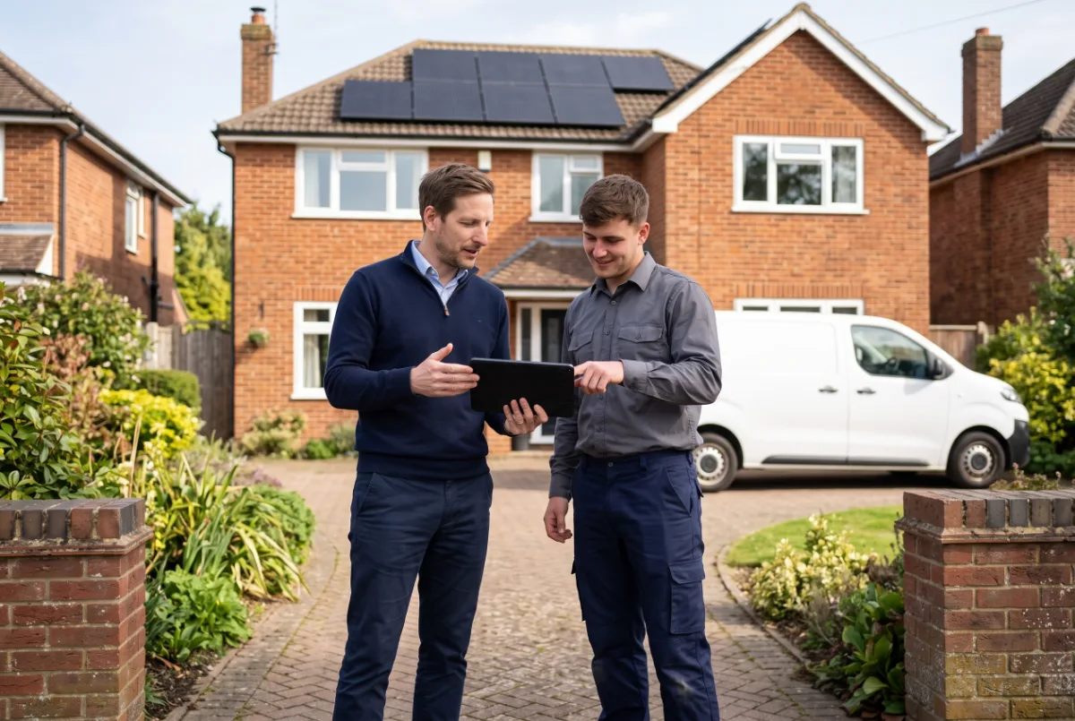 Daniel Andrews looking at a panel layout on a tablet with a solar installer outside a house with new solar panels