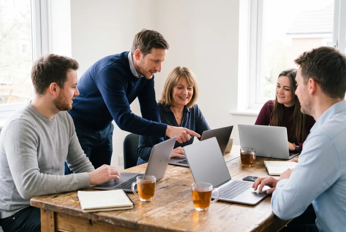Daniel Andrews running a hands-on AI training session with a small team around a table